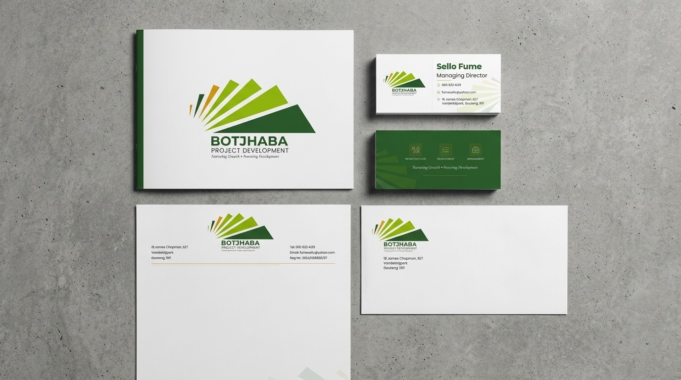 Botjhaba Project Development complete corporate stationery suite on polished concrete - company profile, business cards, letterhead, envelope in forest green and gold