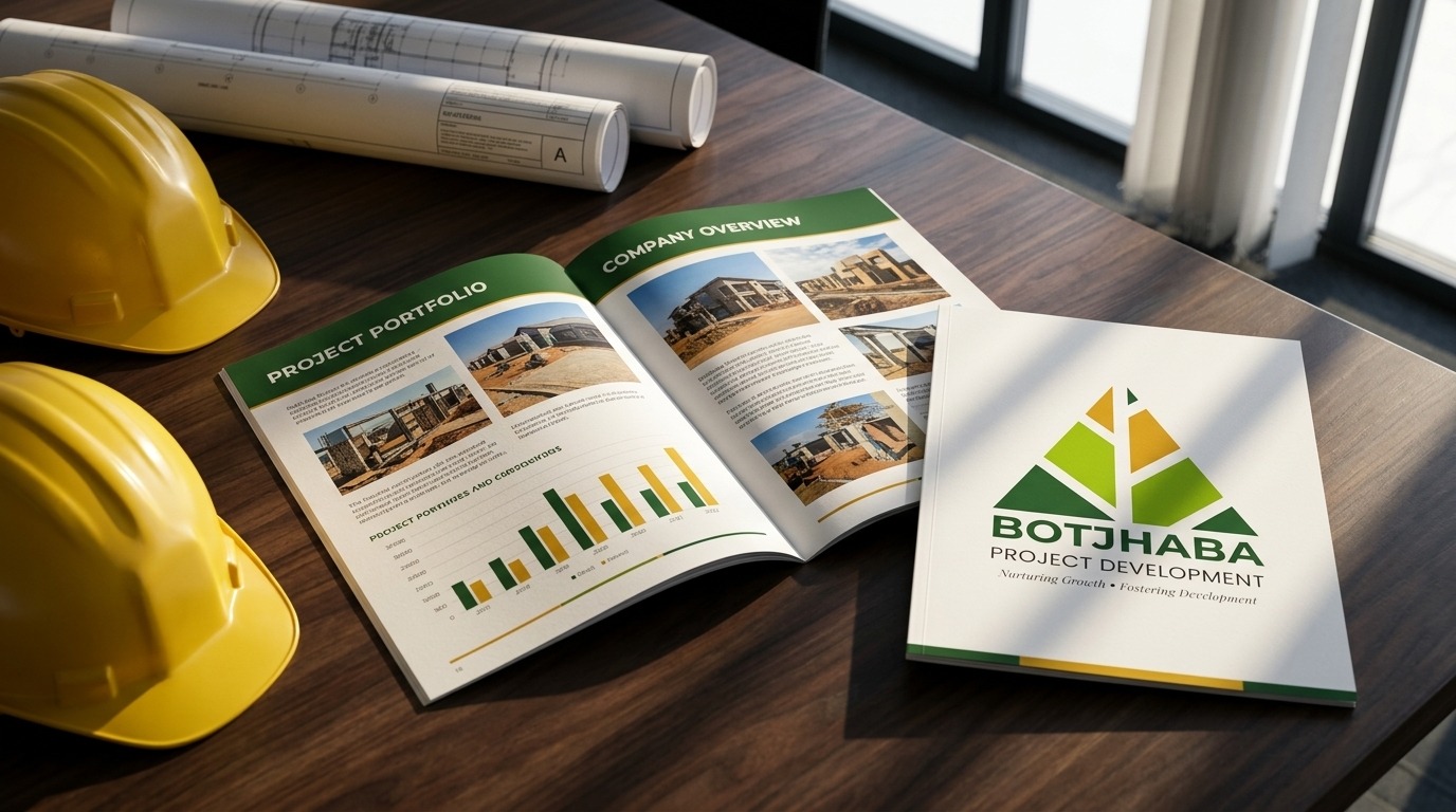 Botjhaba company profile document open on boardroom table with hardhat and blueprints, showing project pages and financial charts