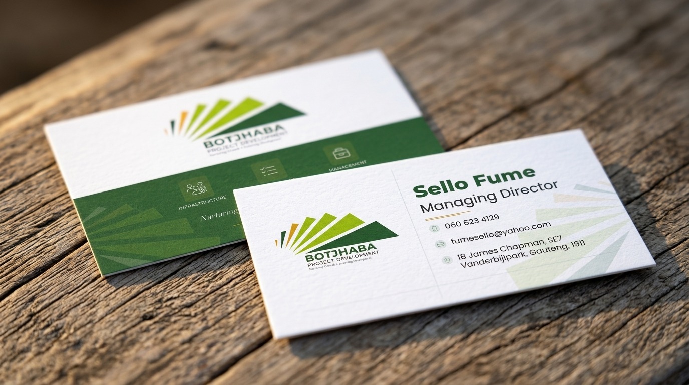 Botjhaba business cards front and back on weathered timber, showing geometric tree logo with Infrastructure, Development, Management service icons