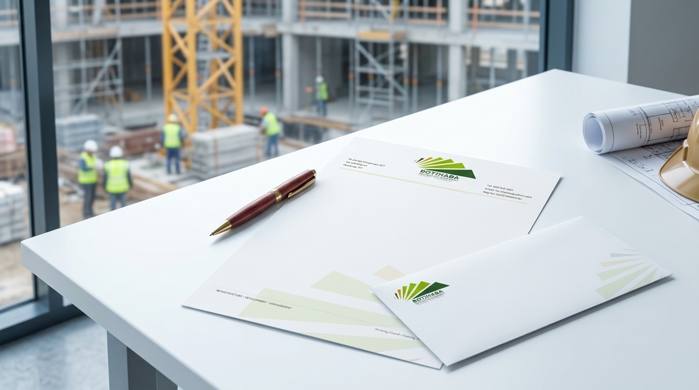 Botjhaba branded letterhead and envelope on site office desk with construction site visible through window