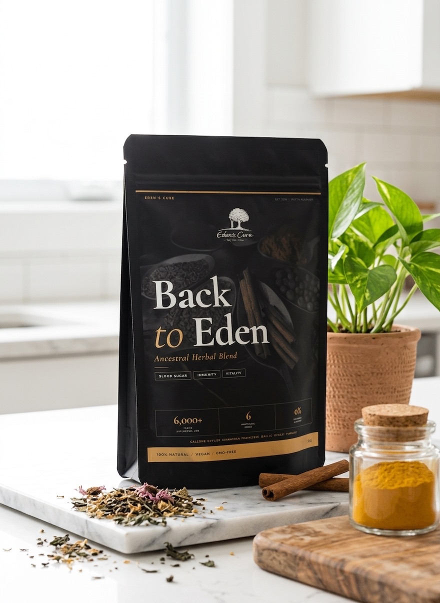 Back to Eden herbal blend product with botanical label design