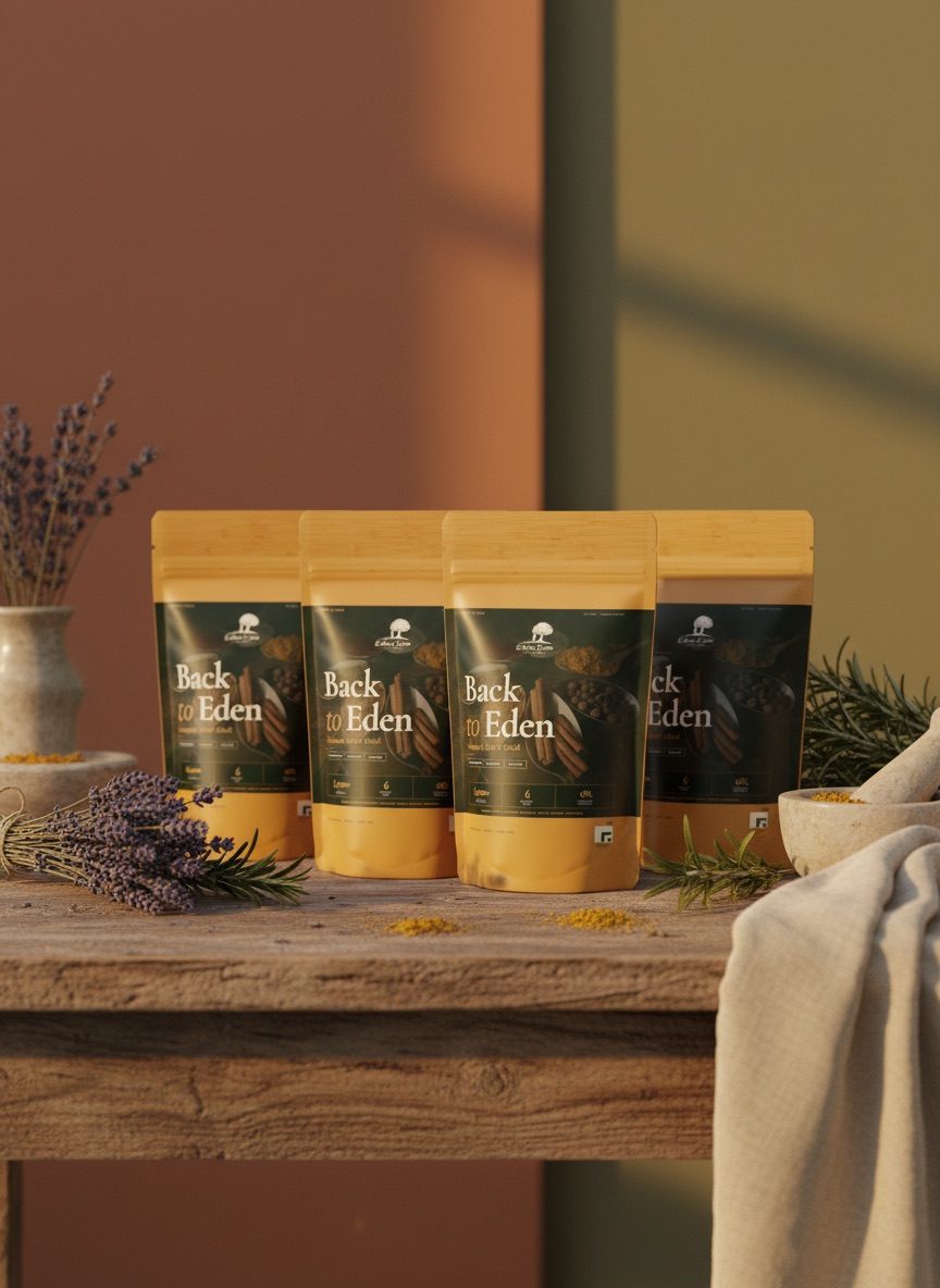 Full Eden's Cure product collection spread with all four herbal supplement bottles