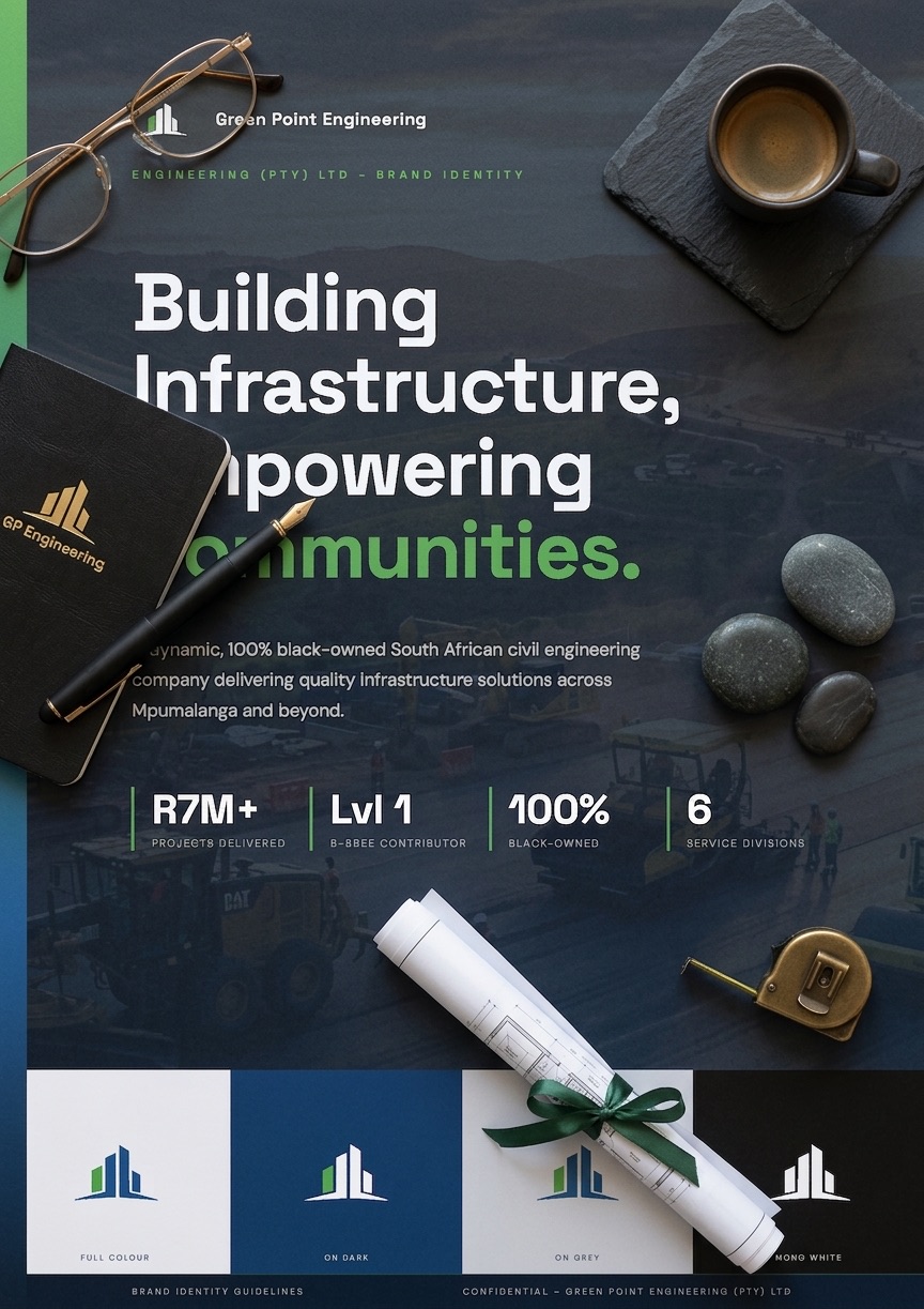 GreenPoint Engineering brand presentation showing logo variants, colour system, and typography on dark background