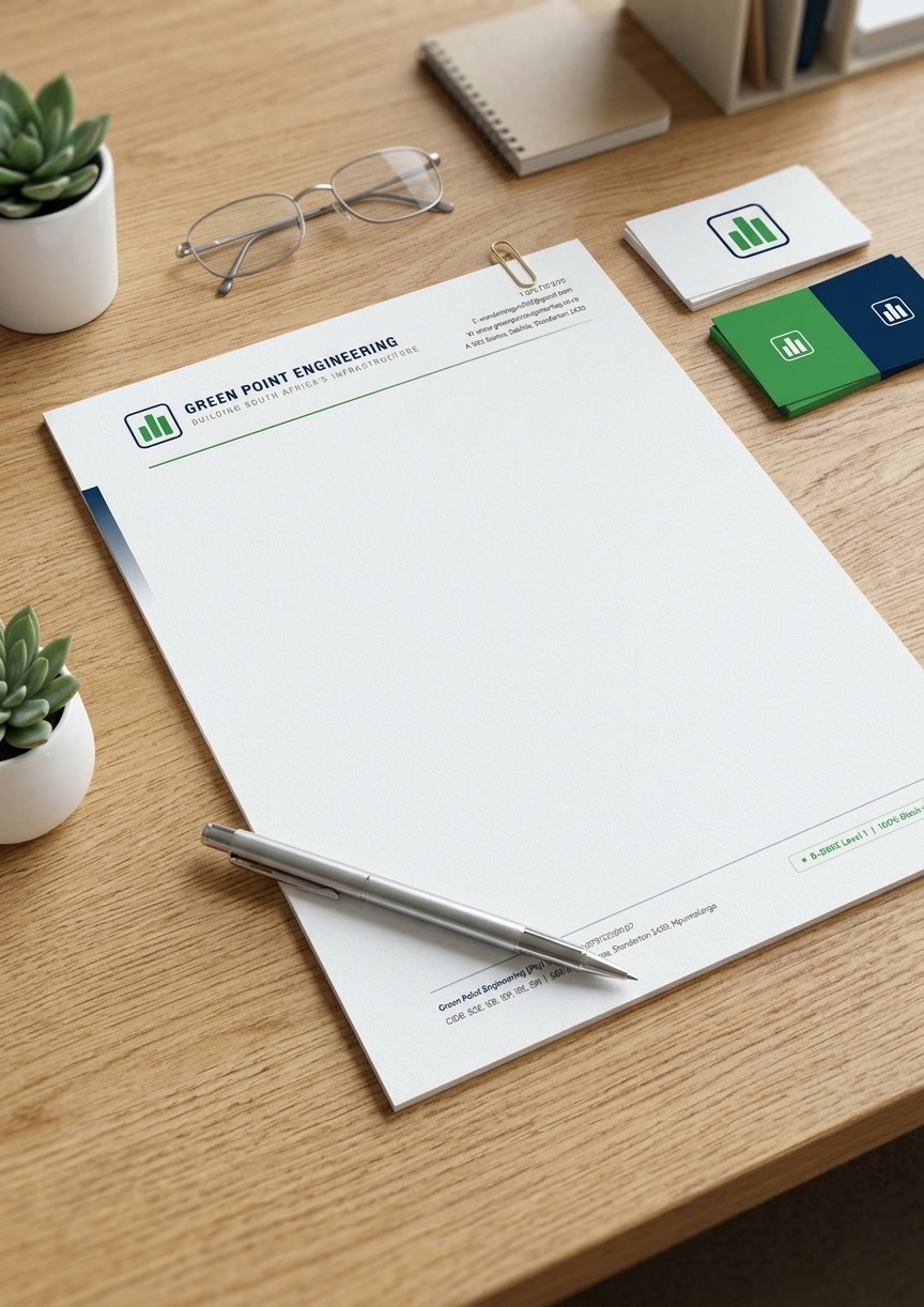 GreenPoint Engineering letterhead design with logo, contact details, and brand colour system