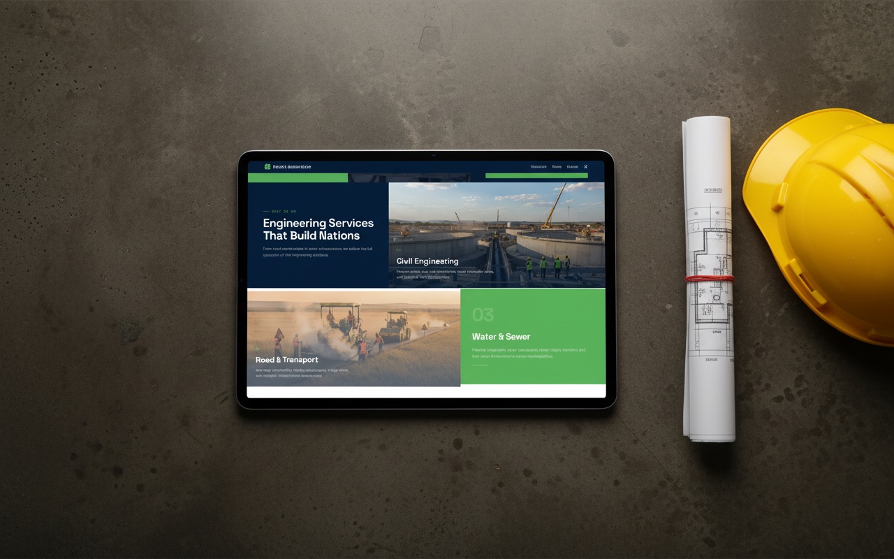 GreenPoint Engineering brand system displayed on iPad in a bento grid layout showing logo, colours, typography, and stationery