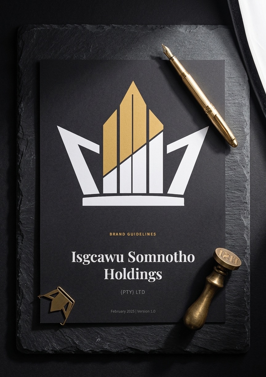 ISH Holdings brand flatlay showing letterheads and stationery on dark surface
