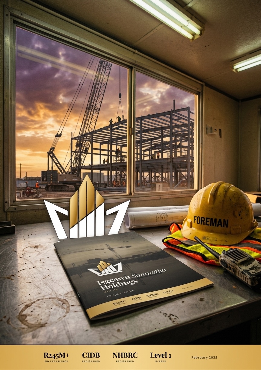 ISH Holdings brand displayed at a construction site with heavy machinery and golden hour light