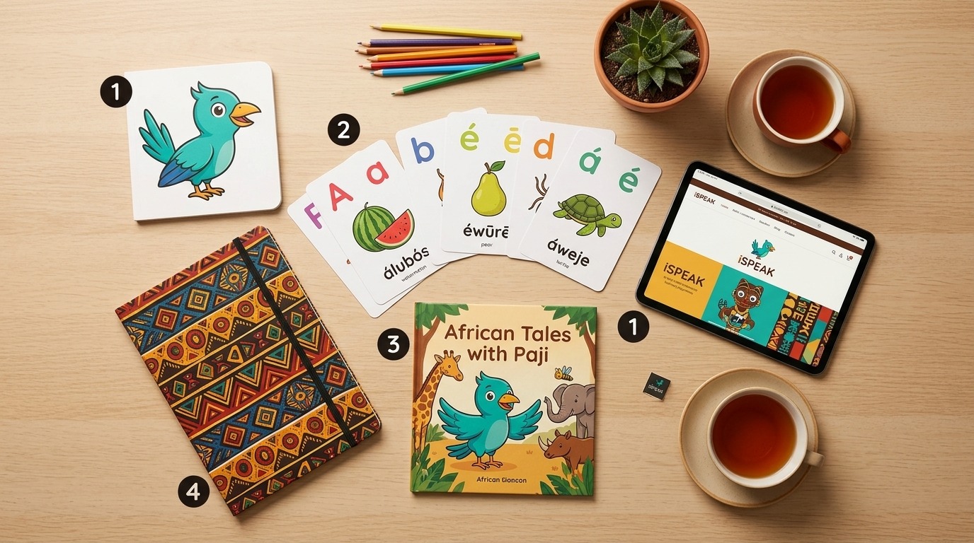 iSPEAK Language Learning product collection - alphabet flashcards, African Tales storybook, African patterns notebook, and platform on tablet