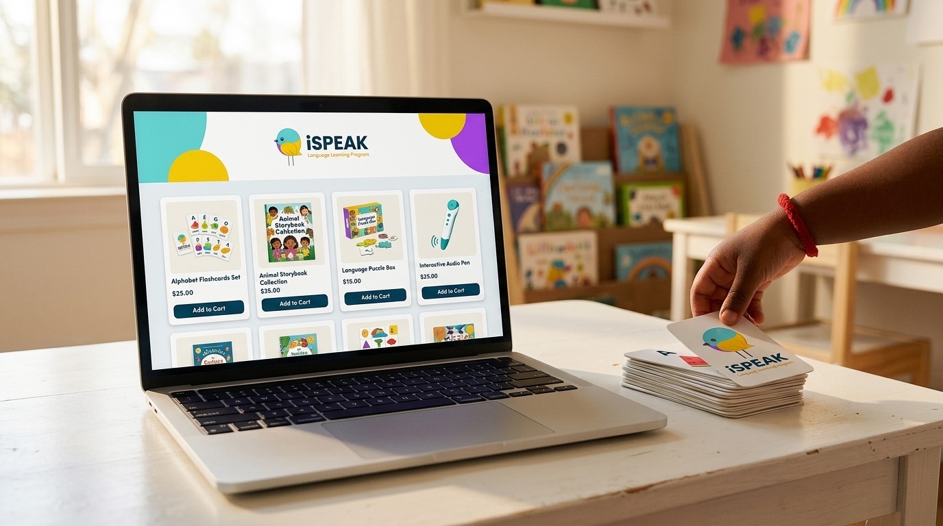 iSPEAK e-commerce platform displayed on laptop with flashcards beside it