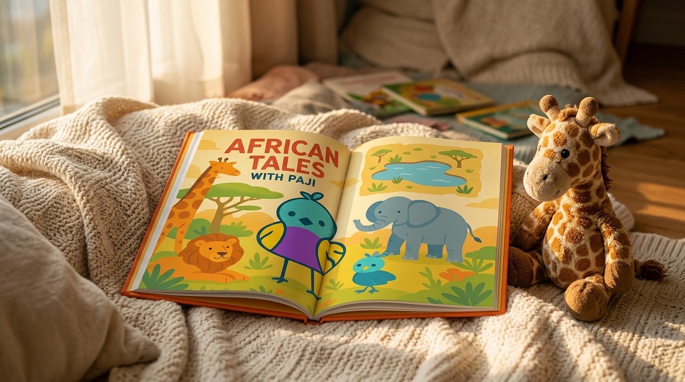 African Tales with Paji children's storybook open in cosy reading nook