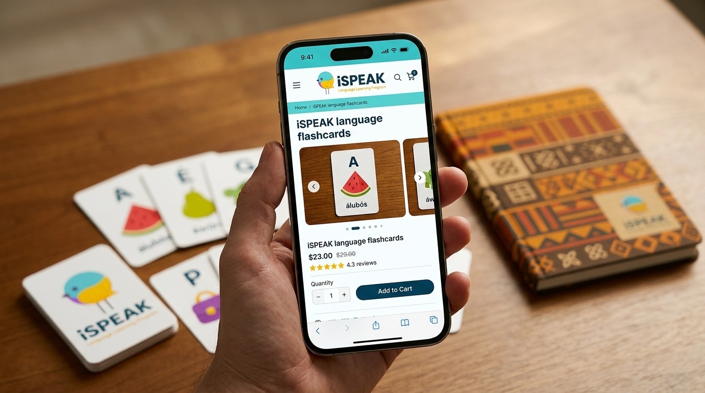 iSPEAK mobile store view on smartphone with physical products in background