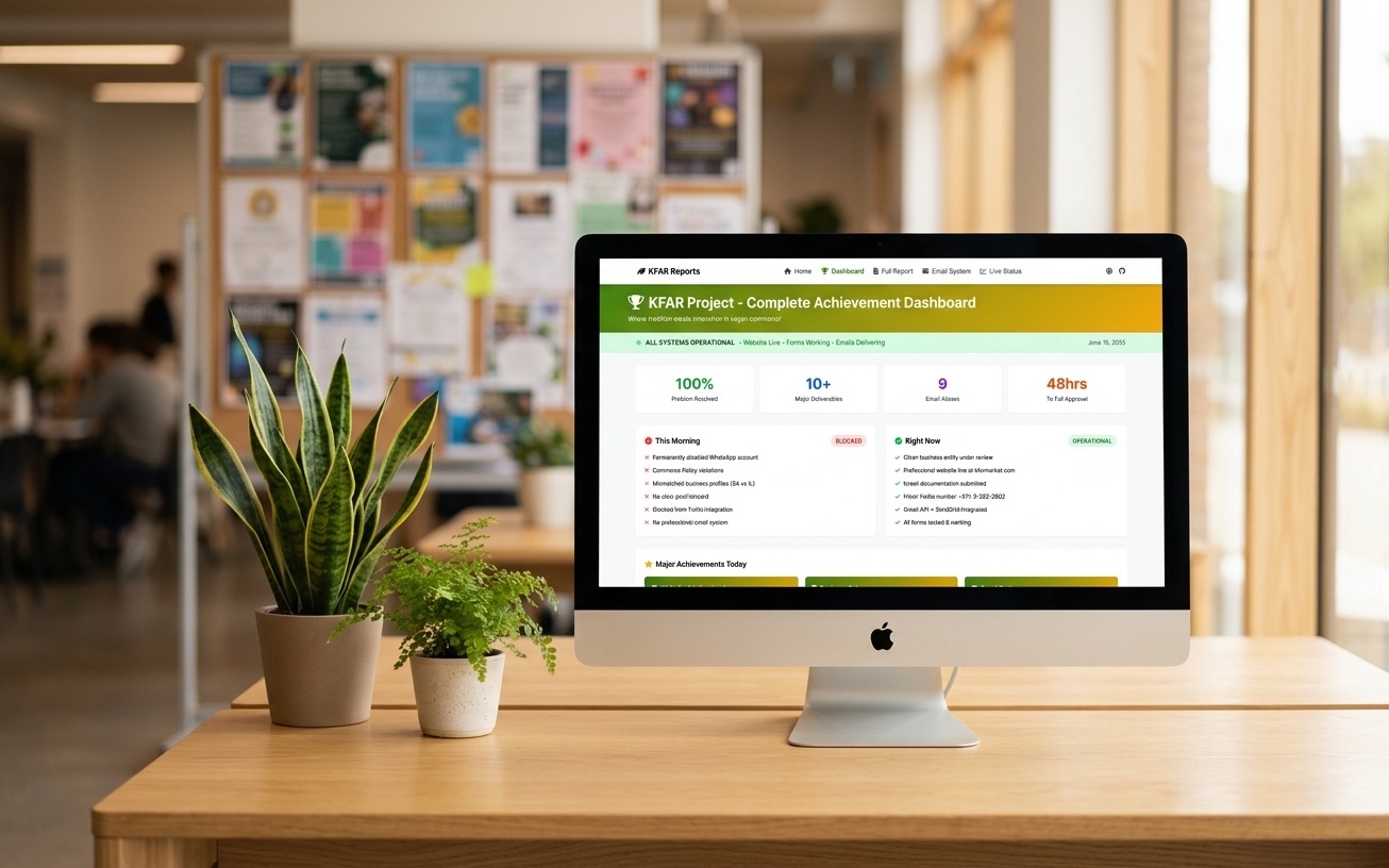 KFAR Achievement Dashboard on desktop monitor showing 100% Problem Resolved in modern office