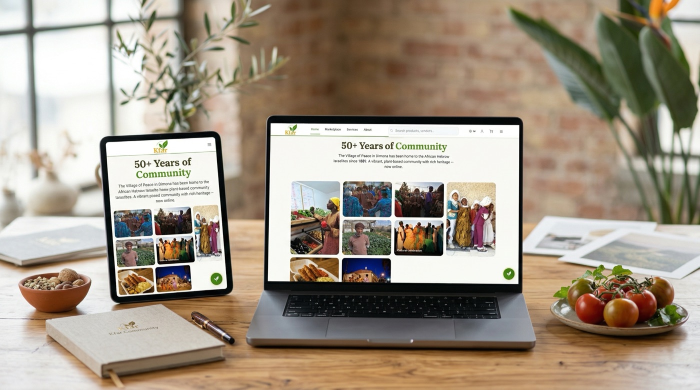 50+ Years of Community page with photo grid on laptop and tablet with tomatoes and notebook