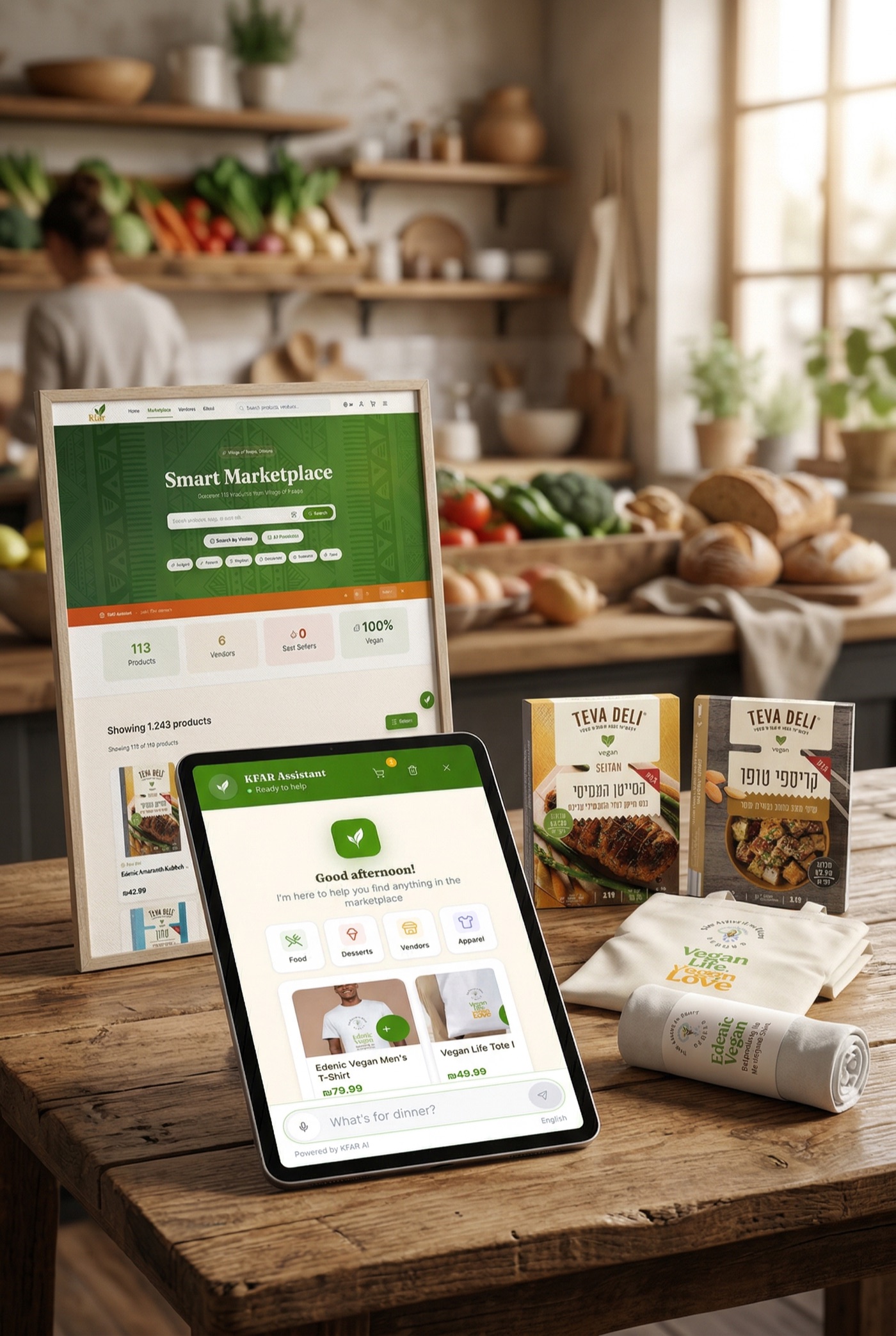 Smart Marketplace dashboard on tablet with KFAR Assistant on phone in warm kitchen