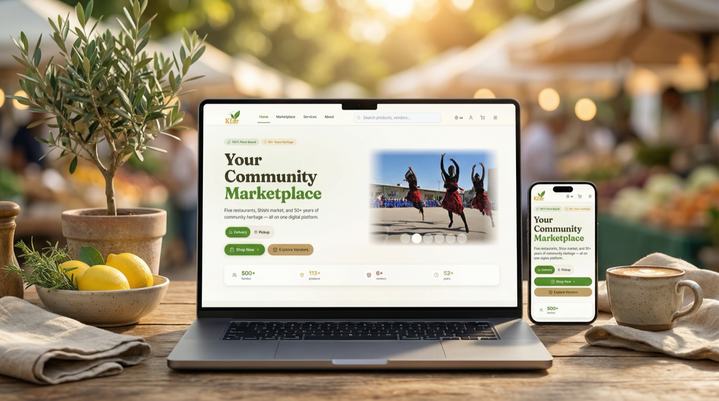 Kfar Marketplace displayed on laptop and phone at an outdoor produce market with warm golden light