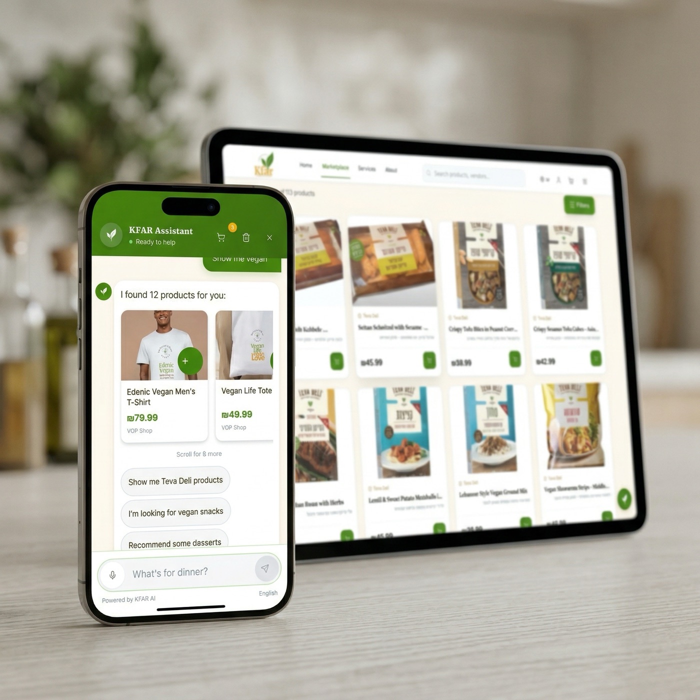 Kfar Marketplace AI voice assistant on phone next to product grid on tablet, on a desk with vegan food products