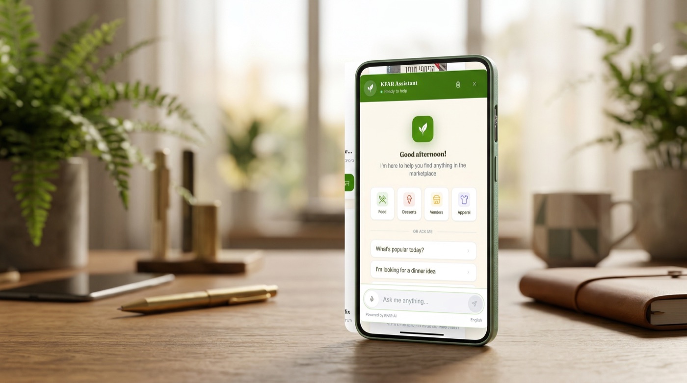 Kfar AI Assistant on phone showing Good afternoon greeting with category quick-select buttons for Food, Desserts, Vendors, and Apparel