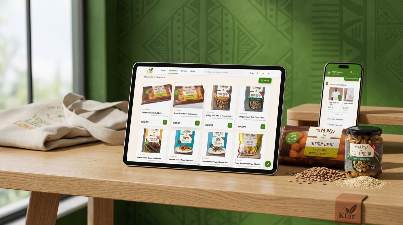 Product grid on tablet with phone showing voice assistant, against green patterned wall with Teva Deli products