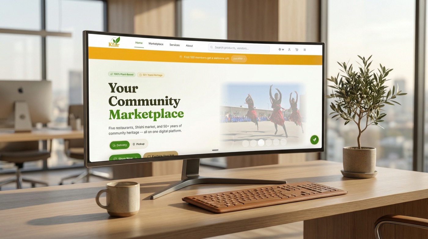 Kfar Marketplace homepage displayed on an ultrawide monitor, showing Your Community Marketplace hero section with community dancers