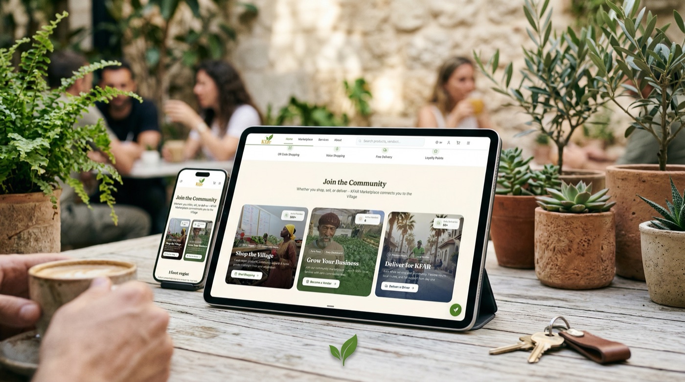 Join the Community page on laptop and phone at cafe with plants