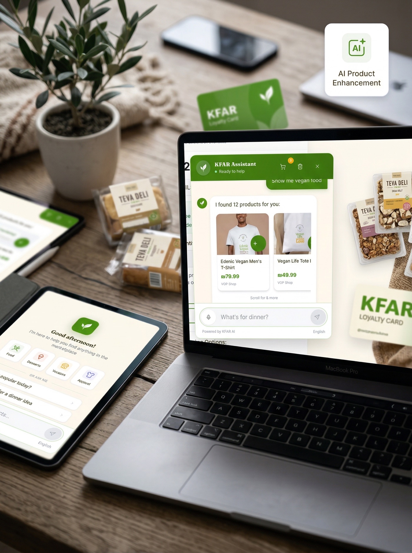Voice assistant and branded merchandise on multi-device display