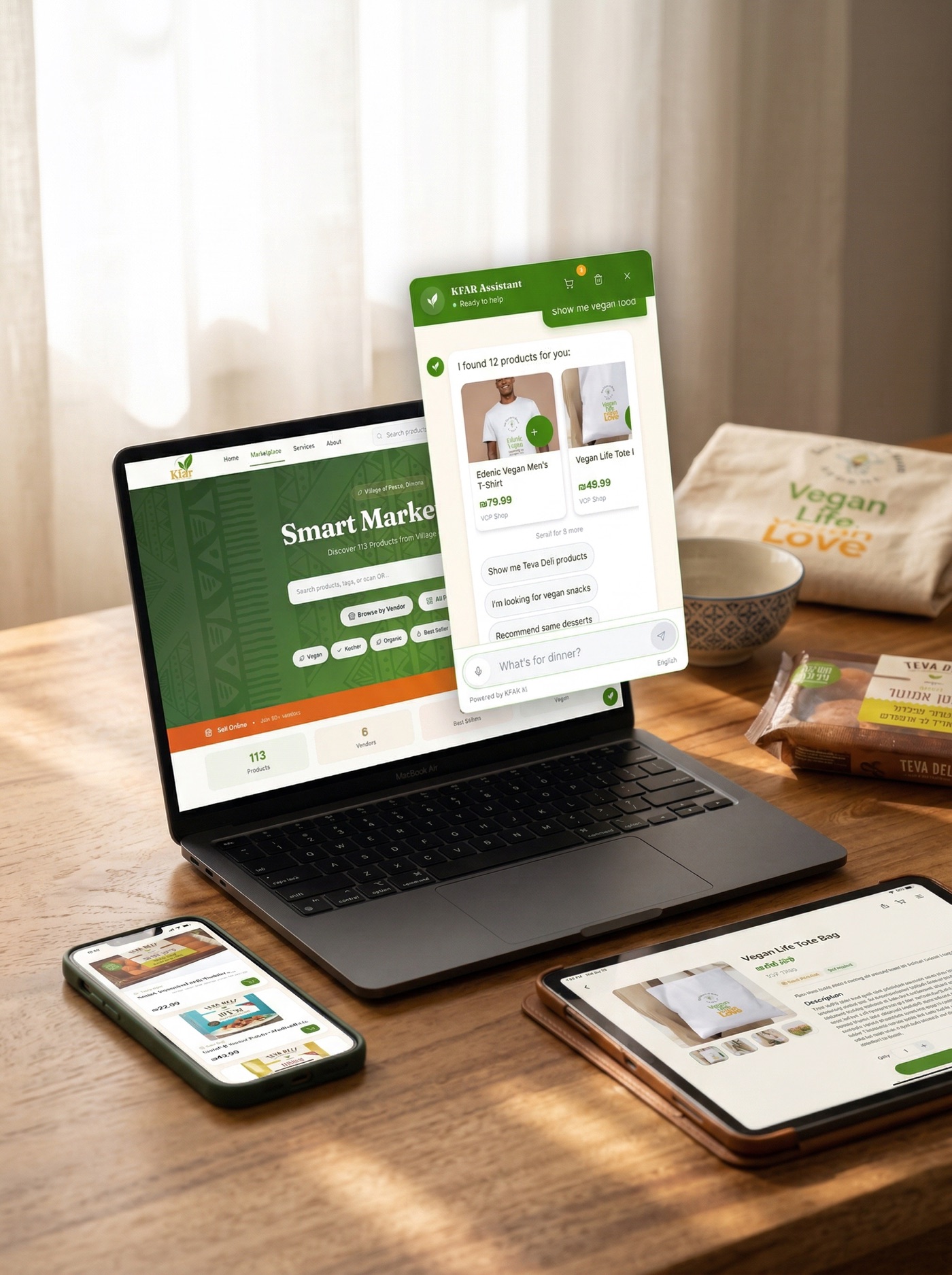 Smart Marketplace on laptop with voice assistant floating above, phone and tablet showing products