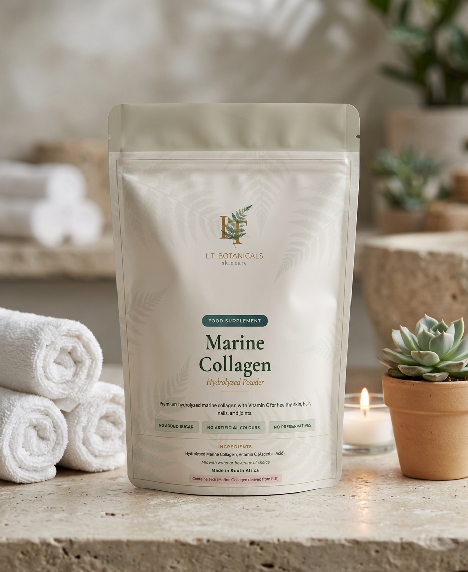 LT Botanicals Marine Collagen packaging in a natural setting