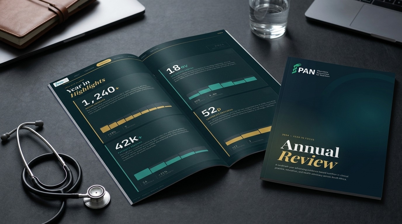 PAN SA Annual Review publication open to highlights spread with data charts, beside cover with green caduceus-fork logo and stethoscope