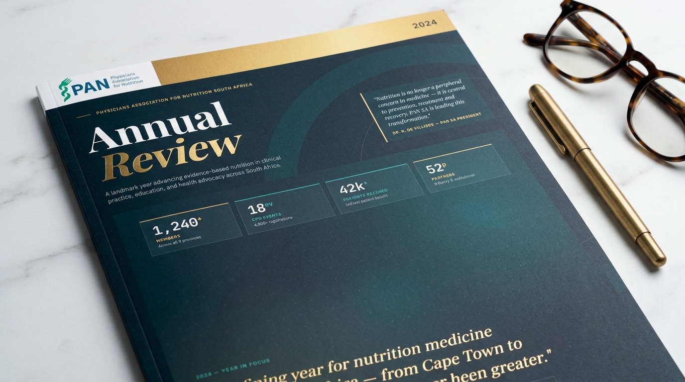 PAN SA Annual Review cover detail showing dark teal gradient, gold serif typography, and statistics badges on marble surface