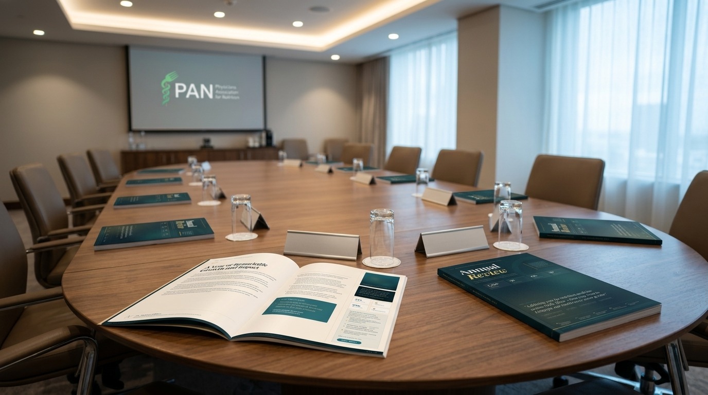 Multiple copies of PAN SA Annual Review distributed on conference table for medical board presentation