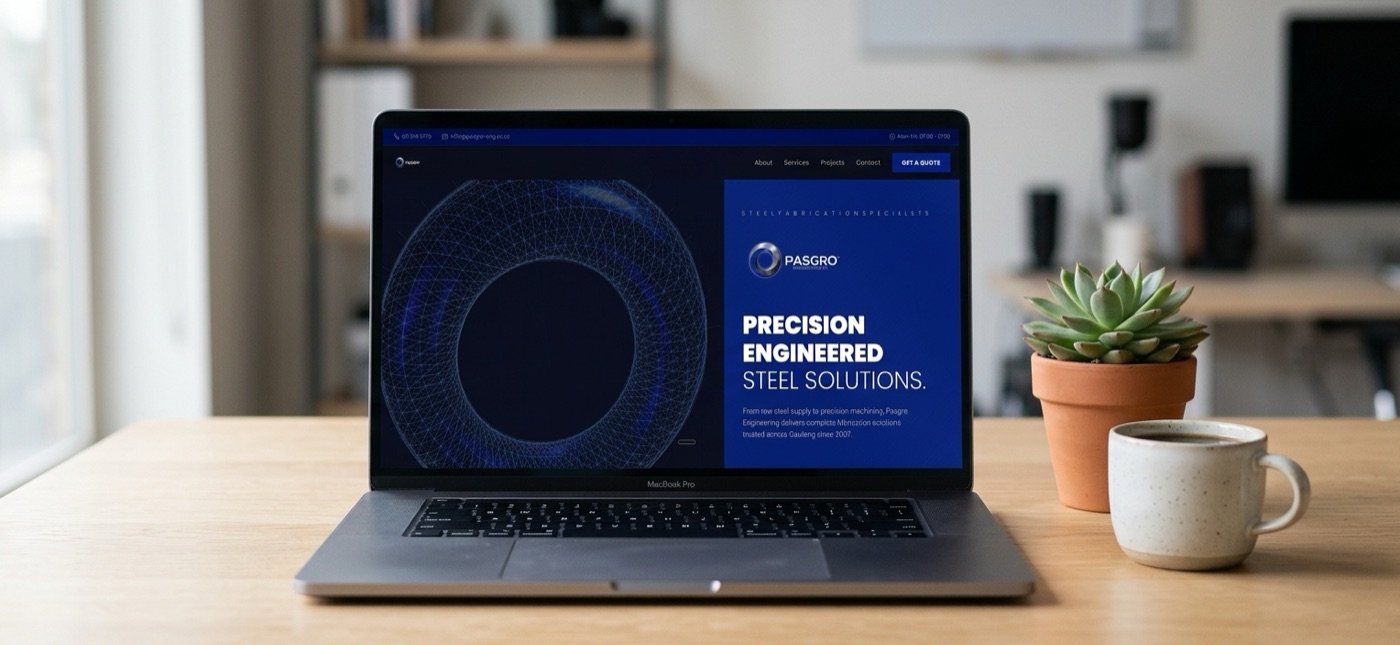 PASGRO Engineering website displayed on laptop showing steel fabrication hero section