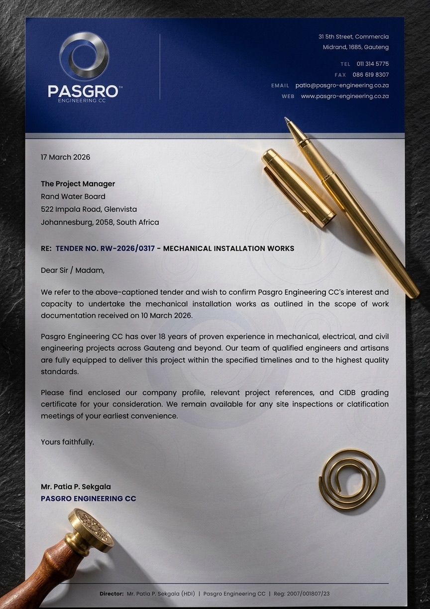 PASGRO Engineering letterhead and stationery flatlay with Mobius ring logo on dark surface