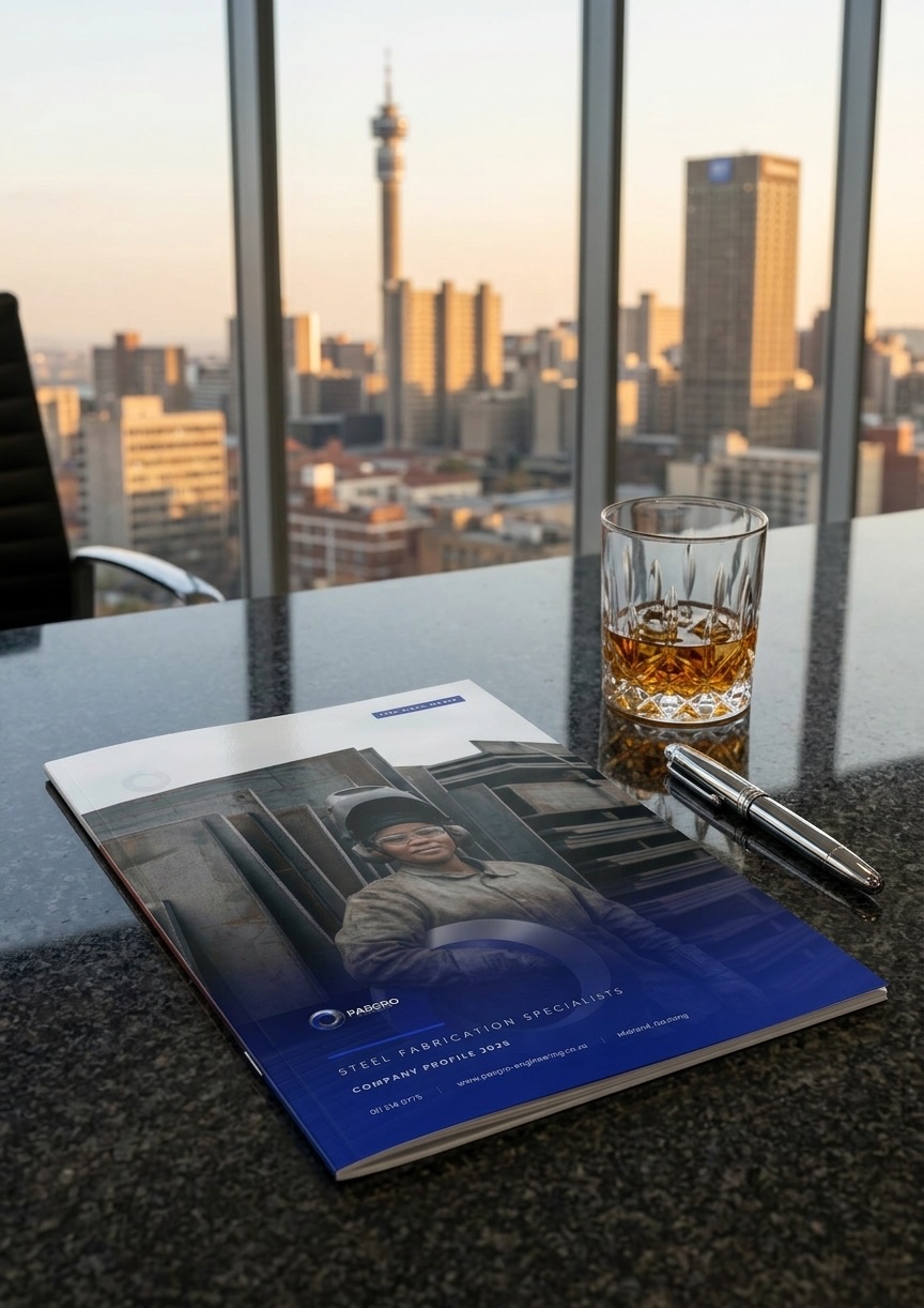 PASGRO Engineering company profile pages showing magazine-style layout with steel imagery
