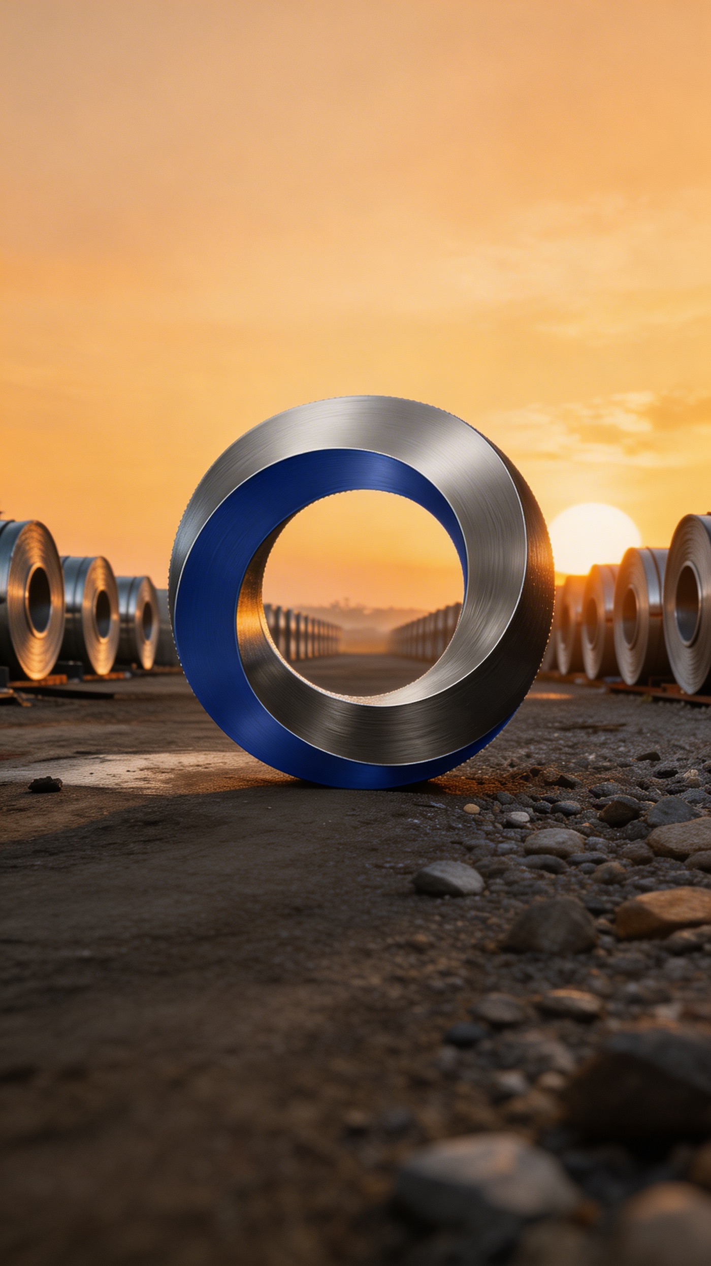 PASGRO Engineering Mobius ring logo displayed at a steel yard at sunset with industrial structures