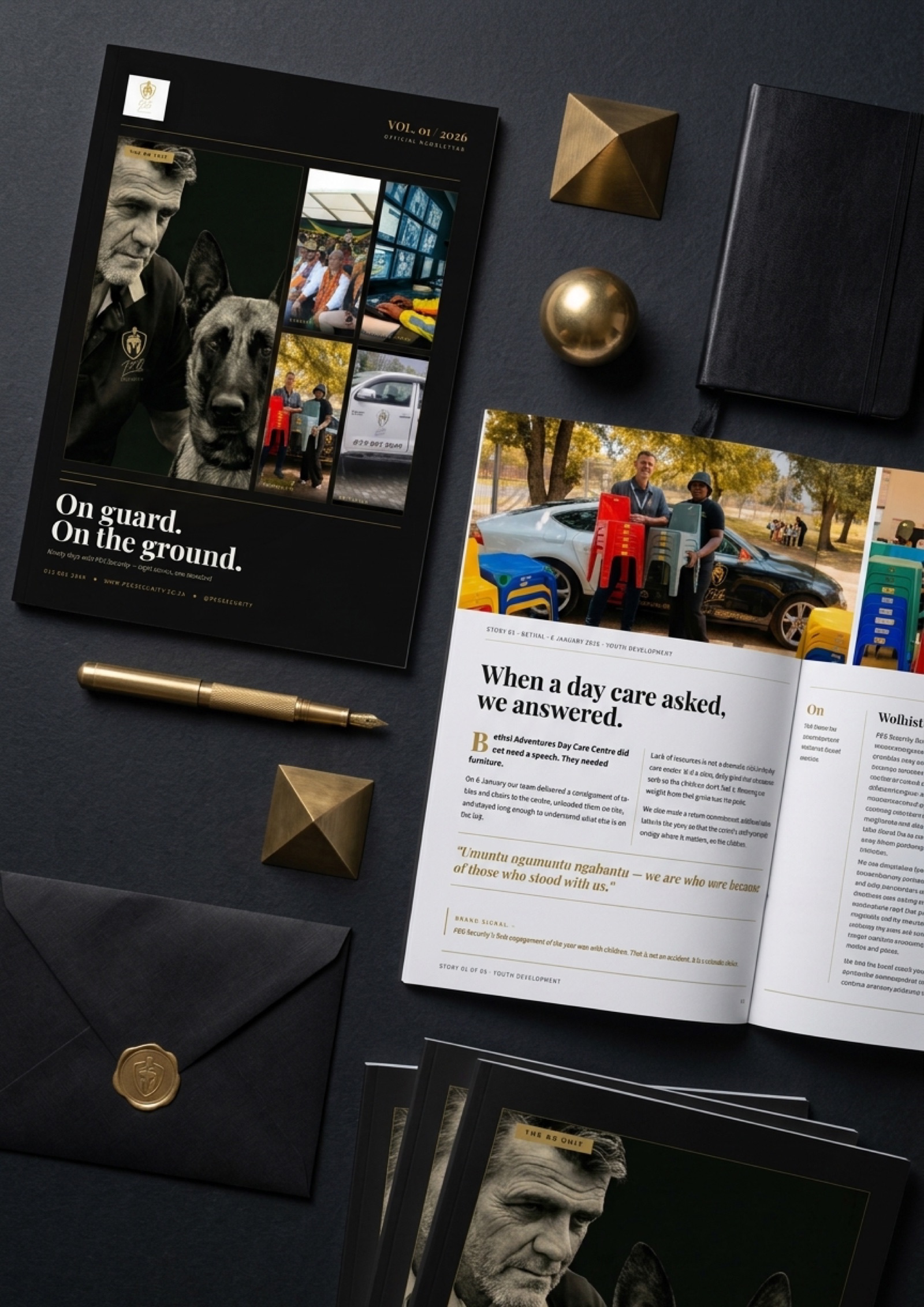 Overhead flatlay of PEG Security Newsletter closed and open on a dark slate surface with brass geometric props, black leather notebook, and a gold-sealed envelope