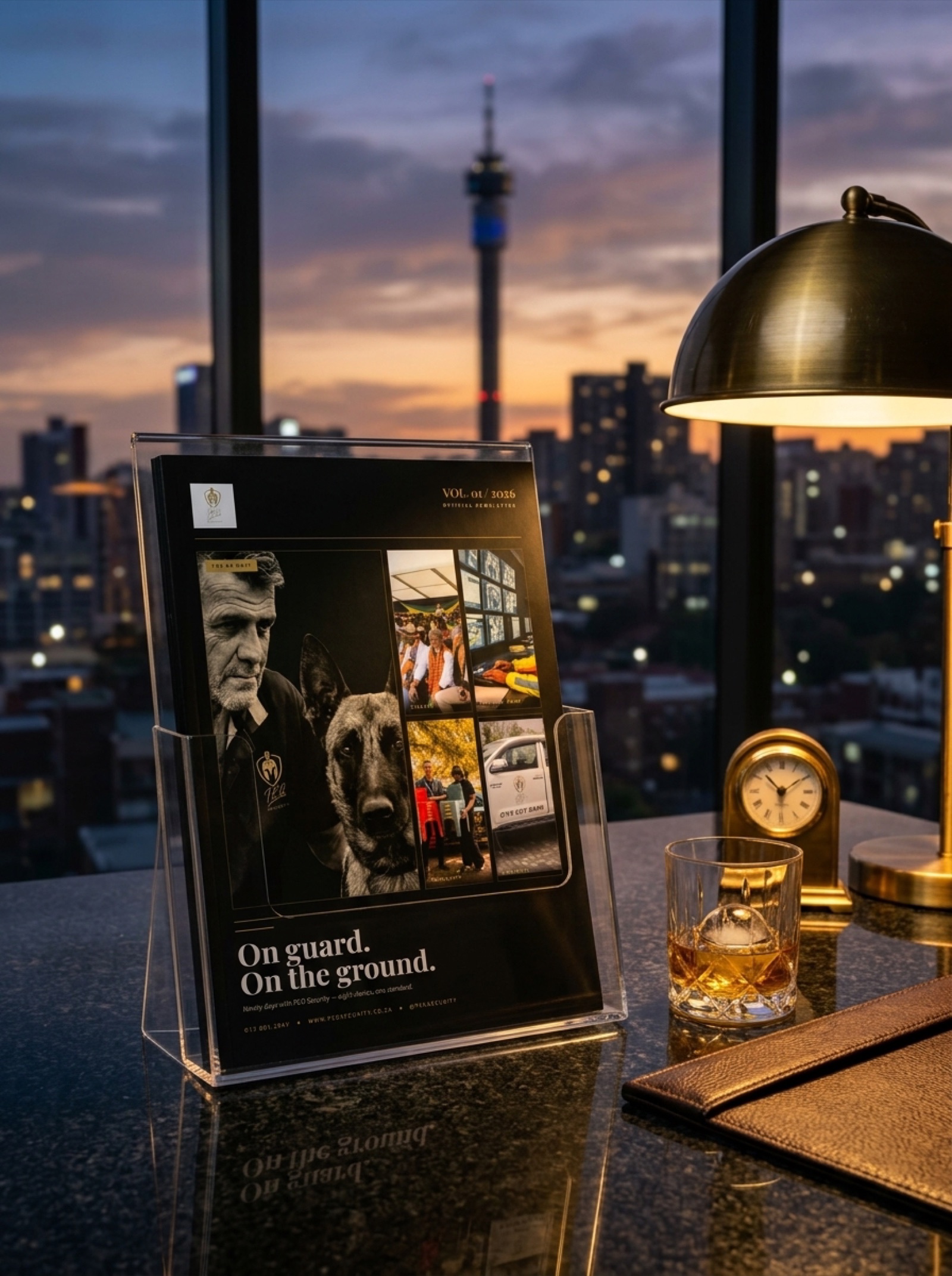PEG Security Newsletter in an acrylic display stand on a boardroom granite desk, Johannesburg skyline at blue hour through window, brass desk lamp and whisky tumbler