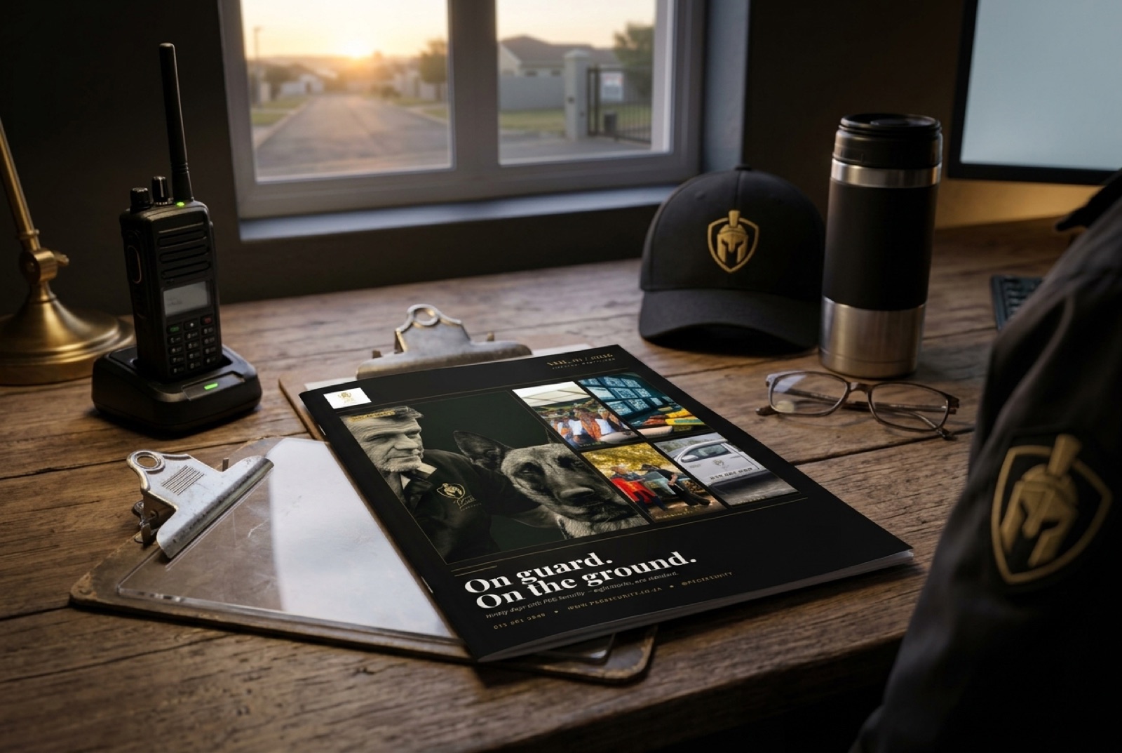 PEG Security Newsletter on a wooden guard-post desk at dawn with two-way radio, PEG cap, thermos and reading glasses - the newsletter in real use