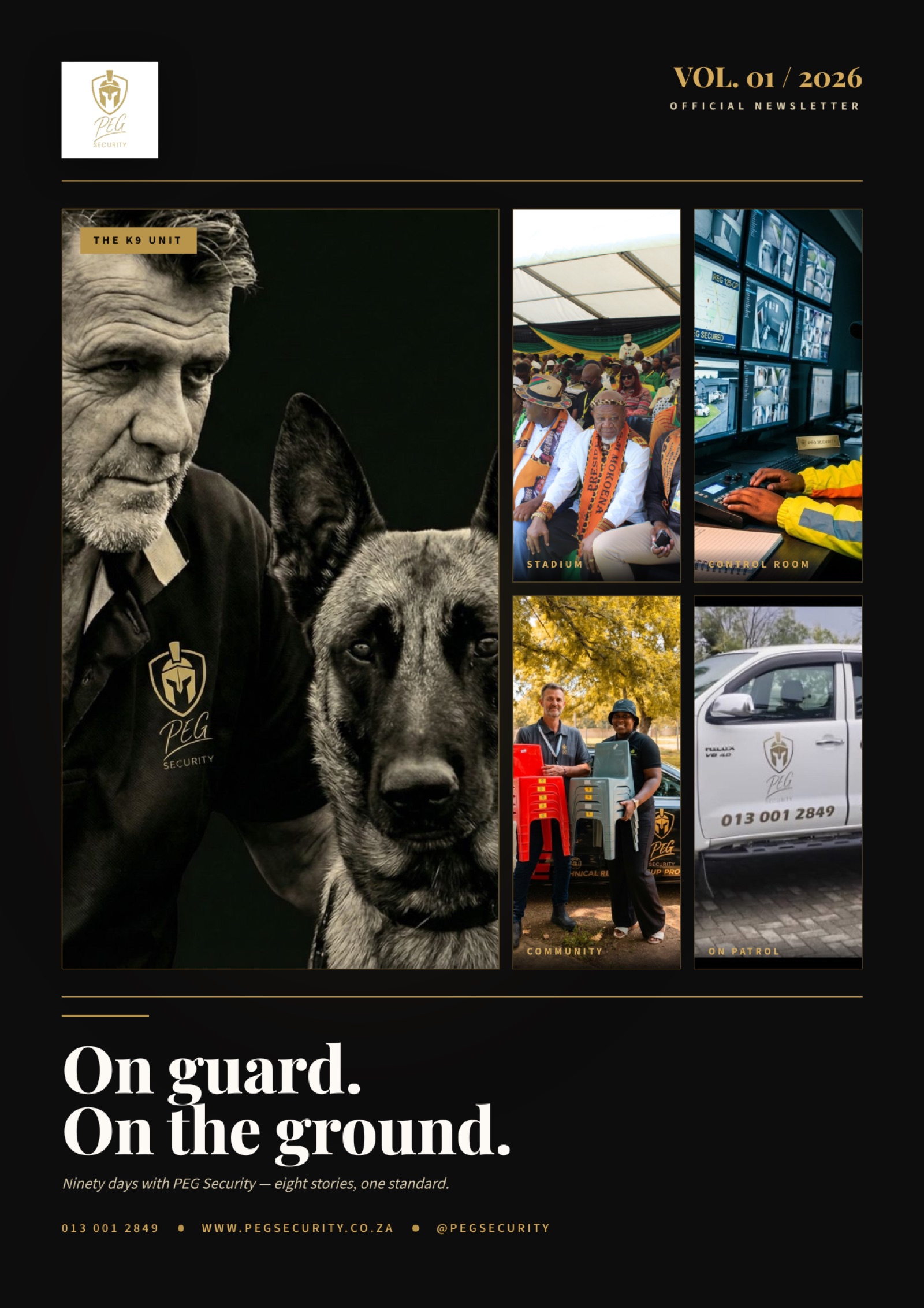 PEG Security newsletter cover composed as a photographic mosaic of five authentic event photographs with gold accents