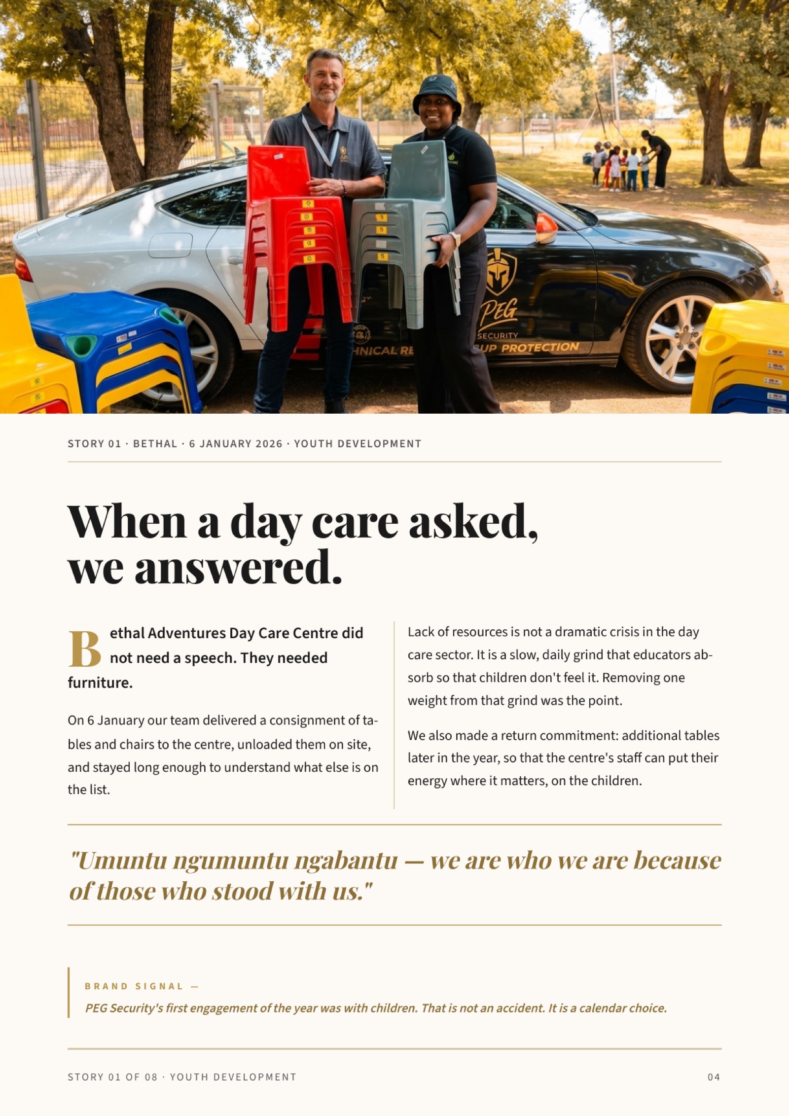 Story 01 - Chairs at the Table - daycare donation page with editorial layout