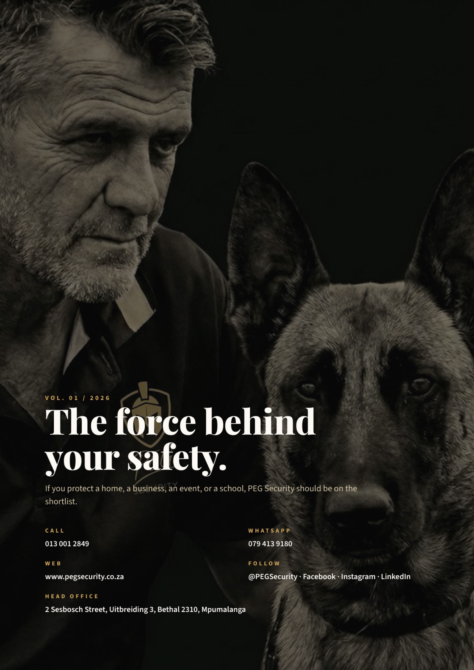 Back cover of the PEG Security newsletter with K9 handler and contact card