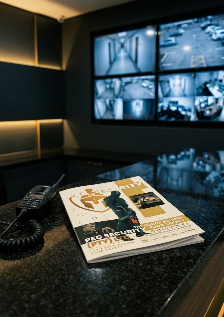 PEG Security company profile displayed in a control room with CCTV monitors showing surveillance footage
