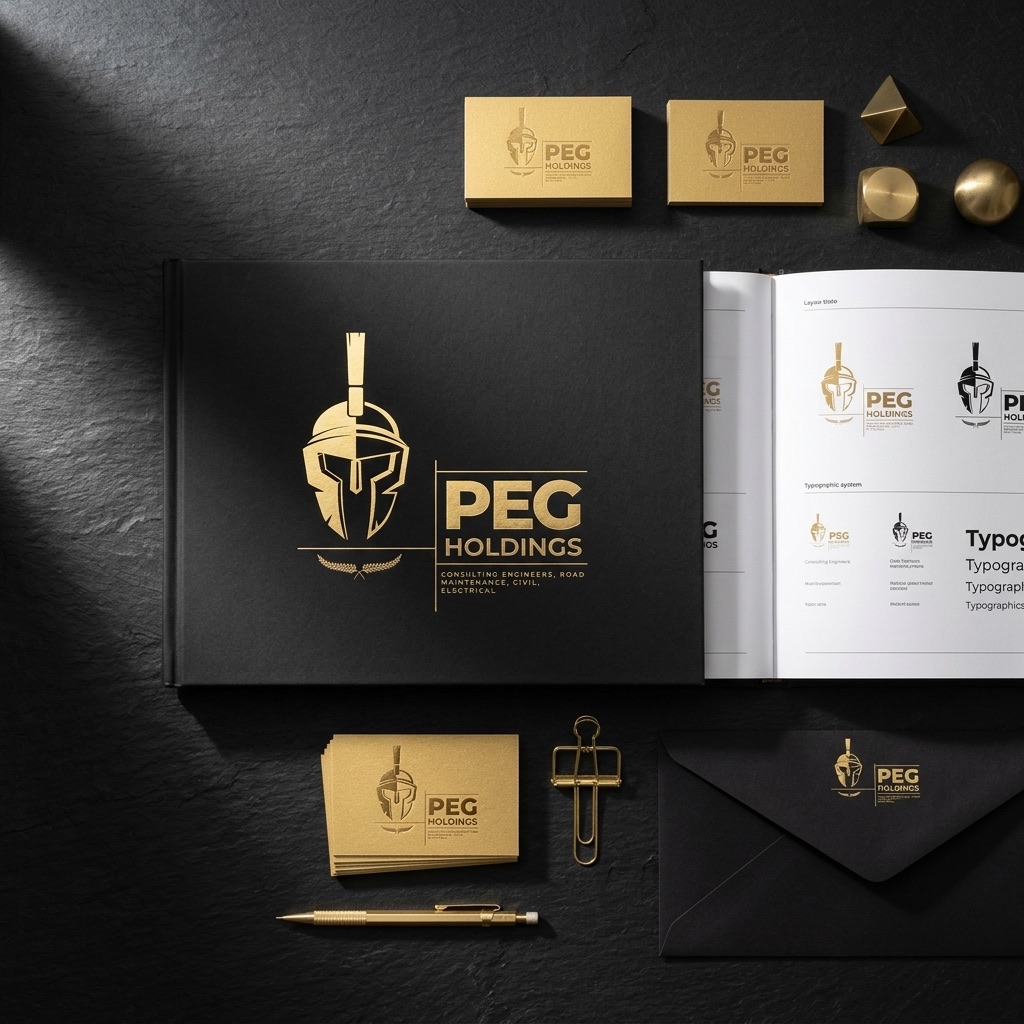 PEG Holdings brand flatlay showing all subsidiary logos, letterheads, and brand elements on dark surface