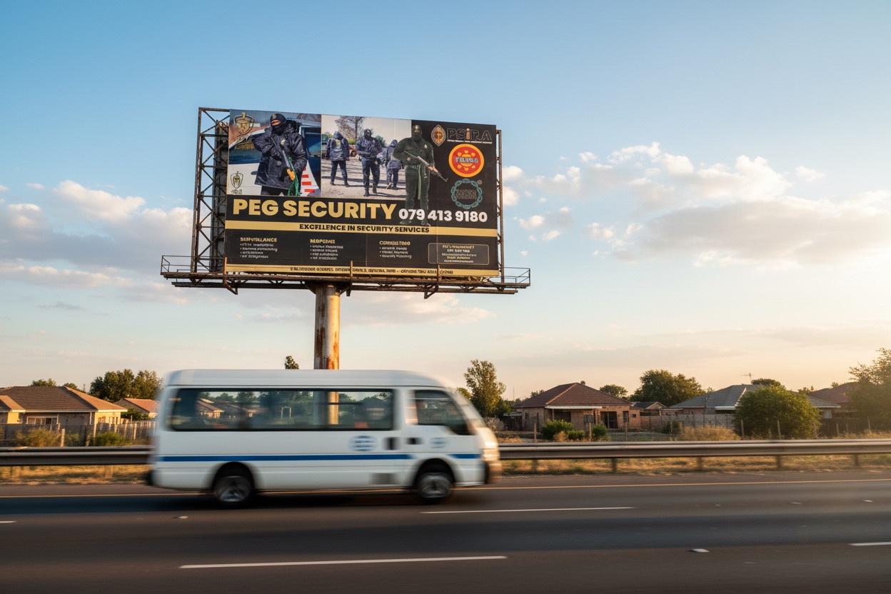 PEG Holdings highway billboard at dusk with gold and black branding against a dramatic sky