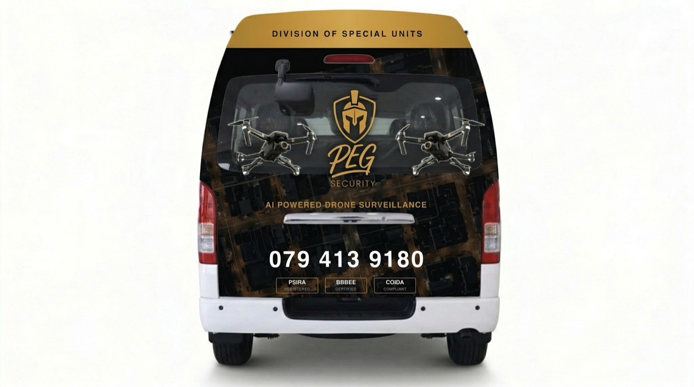 PEG Security vehicle wrap rear panel design showing shield logo and emergency contact numbers