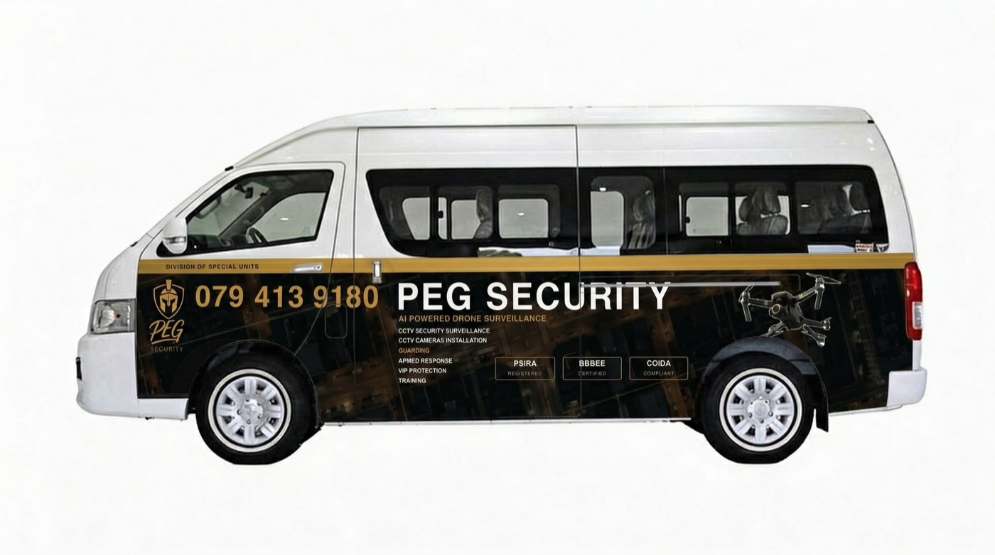 PEG Security vehicle wrap side panel design showing gold shield logo on black with contact details