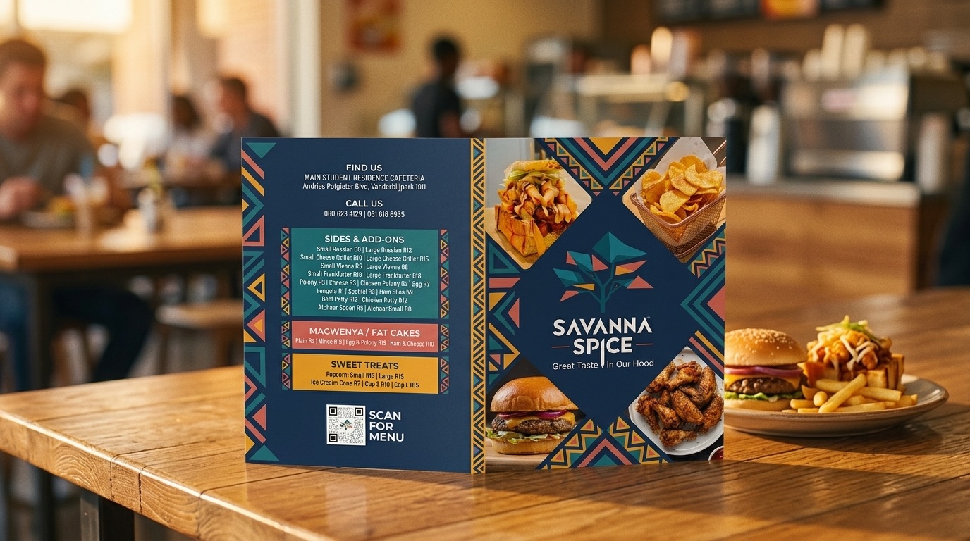 Savanna Spice full menu design showing all 73 items across 13 food categories with pricing