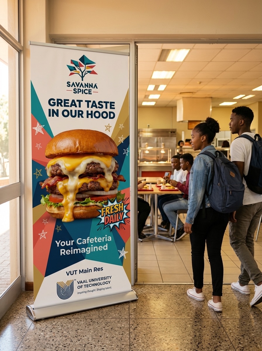 Savanna Spice pull-up banner design showing brand identity, menu highlights, and VUT campus branding
