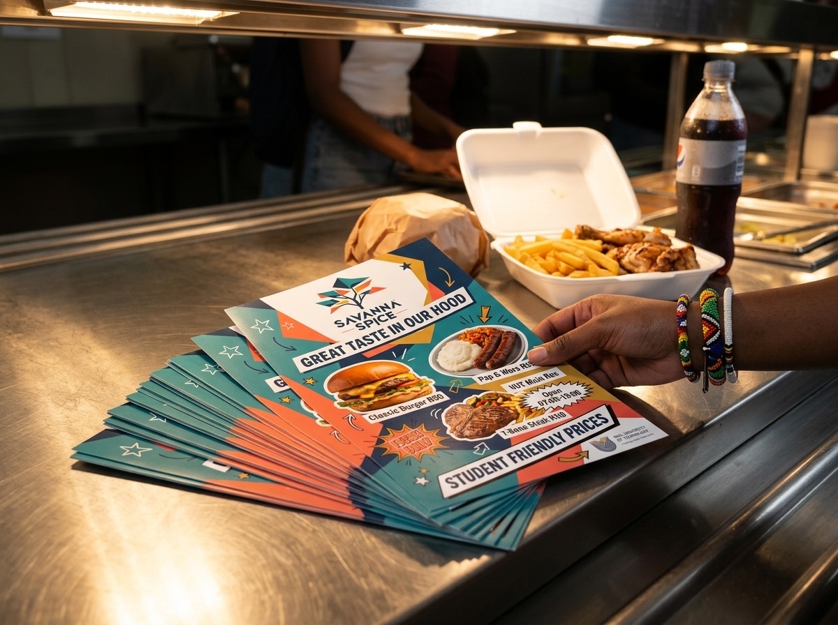 Savanna Spice A5 flyer design with menu highlights, brand identity, and campus event promotion