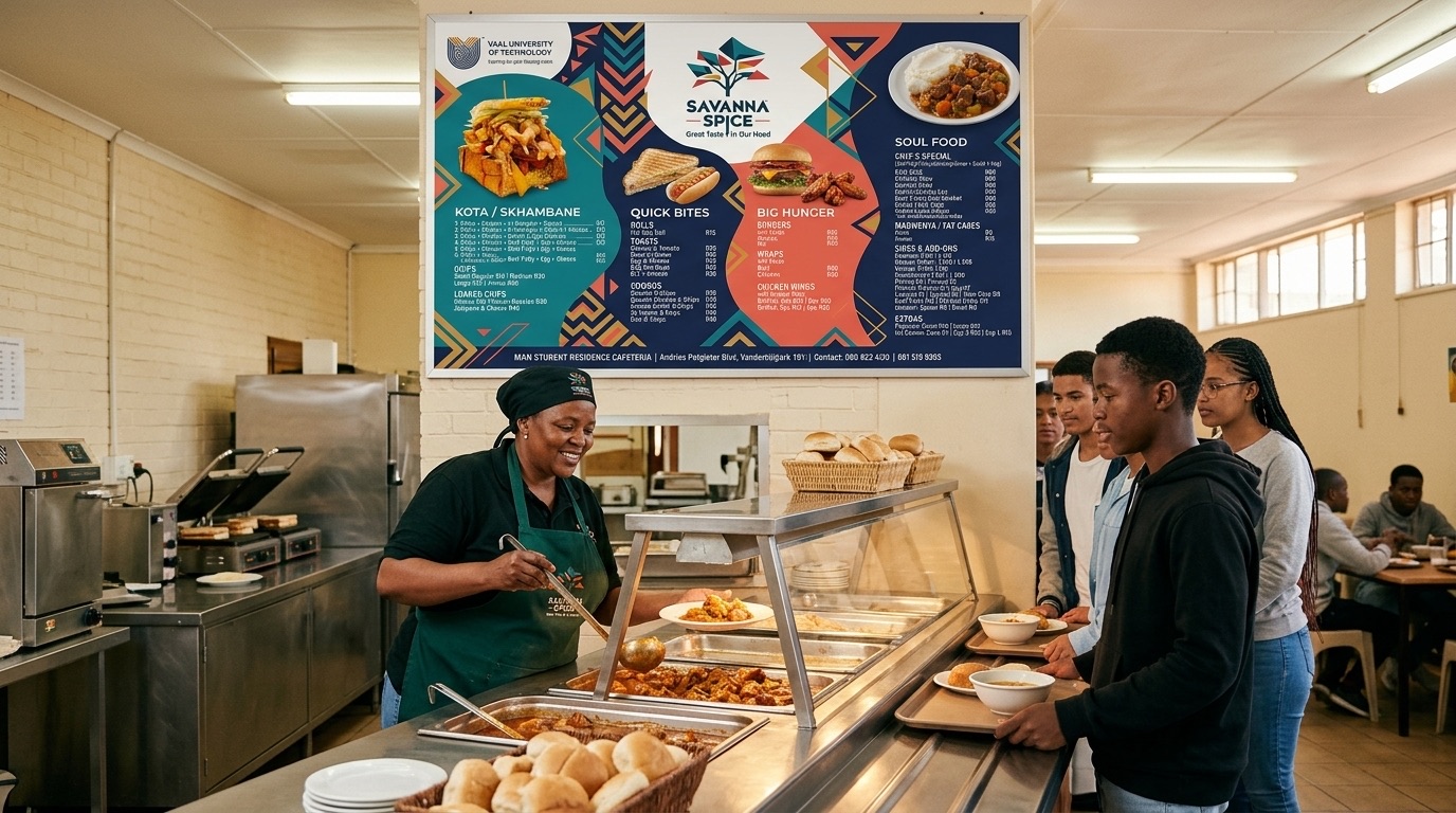 Savanna Spice digital menu display board with students at VUT campus cafeteria