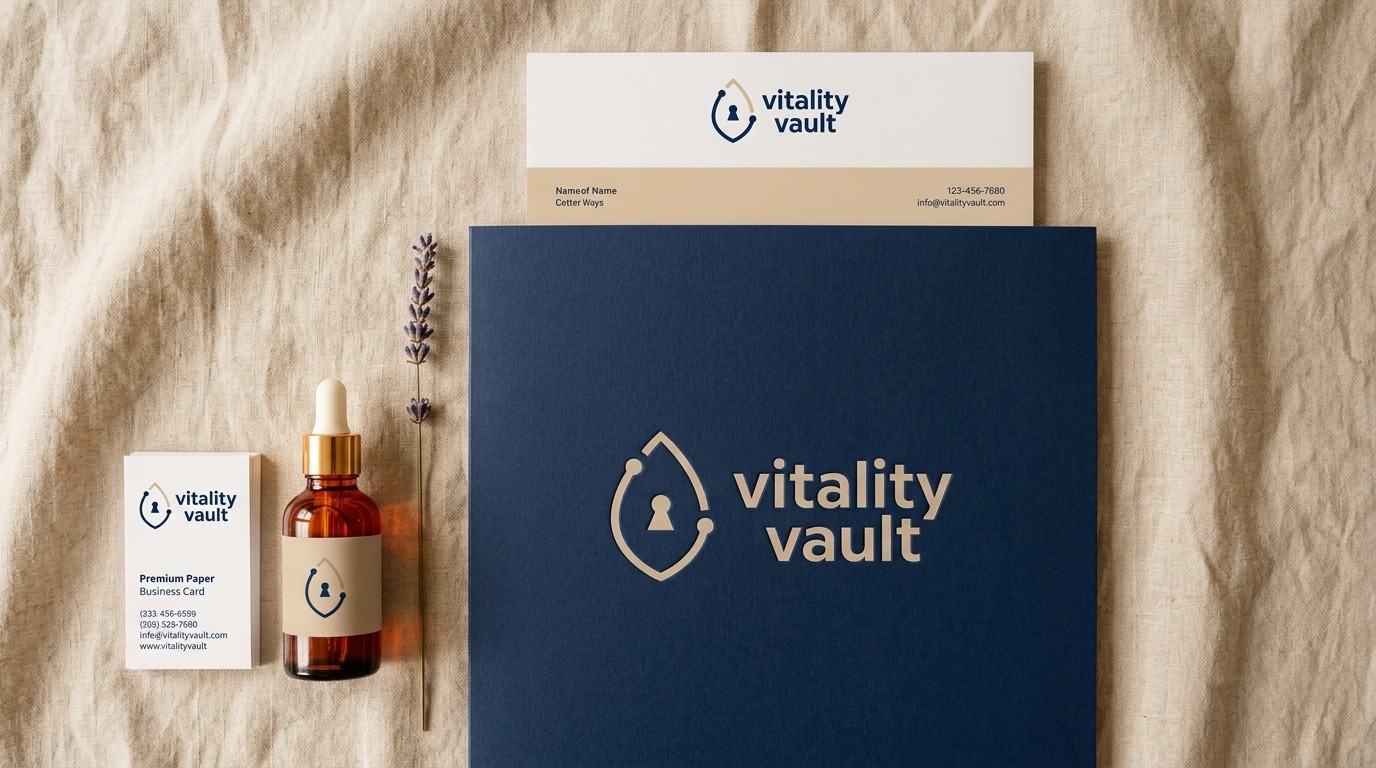 Vitality Vault complete brand identity system on linen - brand guidelines, business cards, letterhead, embossed folder with shield logo